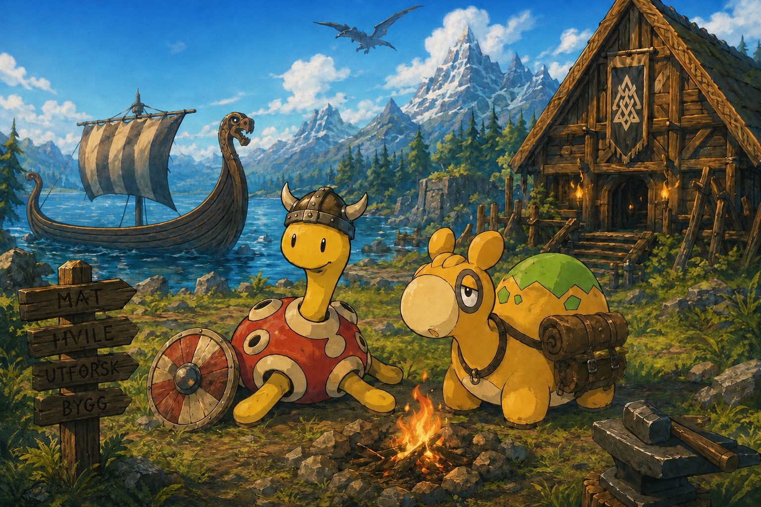 Vikinglandskap med Pokémon ved bålet